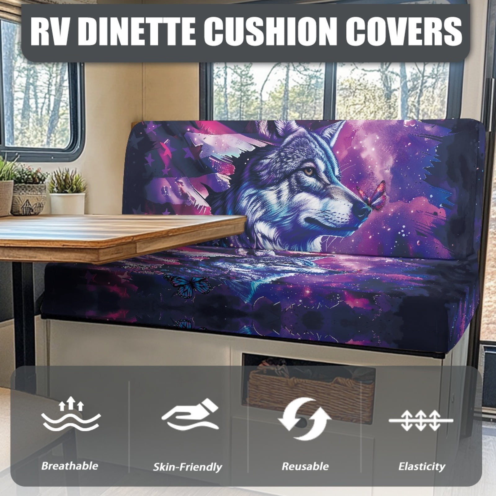 Kuiaobaty RV Dinette Cushions Covers Easy to Install Stretch Camper Cushions Cover RV Dinette Seat Covers Sofa Slipcovers for RV Camper Car Bench, American Flag Galaxy Wolf Butterfly Pattern