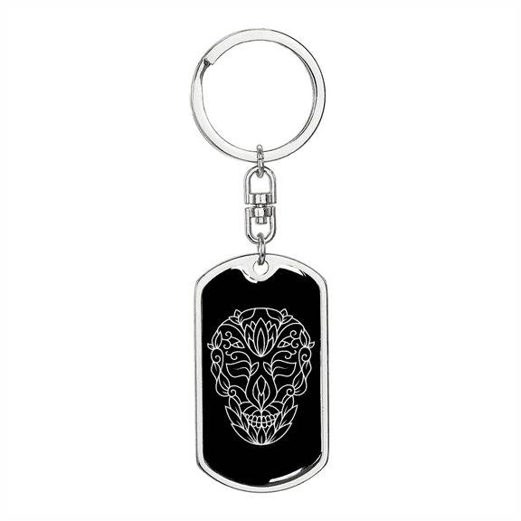 Calavera Mexican Sugar Skull 28 Stainless Steel or 18k Gold Premium Swivel Dog Tag Keychain