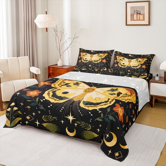 jejeloiu Folk Moth Bed Sheets For Girls,Floral Pattern Full Size Sheets,Black Yellow Orange,4 Pieces,1 Flat Sheet, 1 Fitted Sheet and 2 Pillowcases
