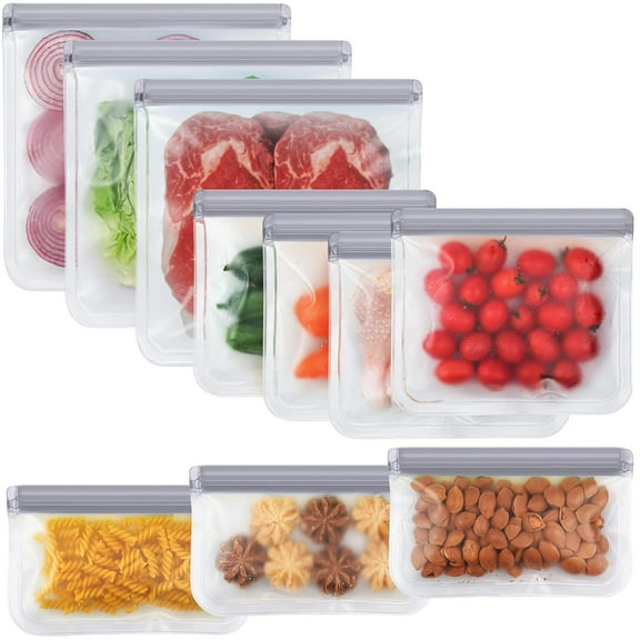 10 Pack Dishwasher Safe Reusable Bags, Leakproof Reusable Freezer Bags, Silicone and BPA Free Reusable Storage Bags for Marinate Food Travel - 3 Gallon 4 Sandwich 3 Snack Bags