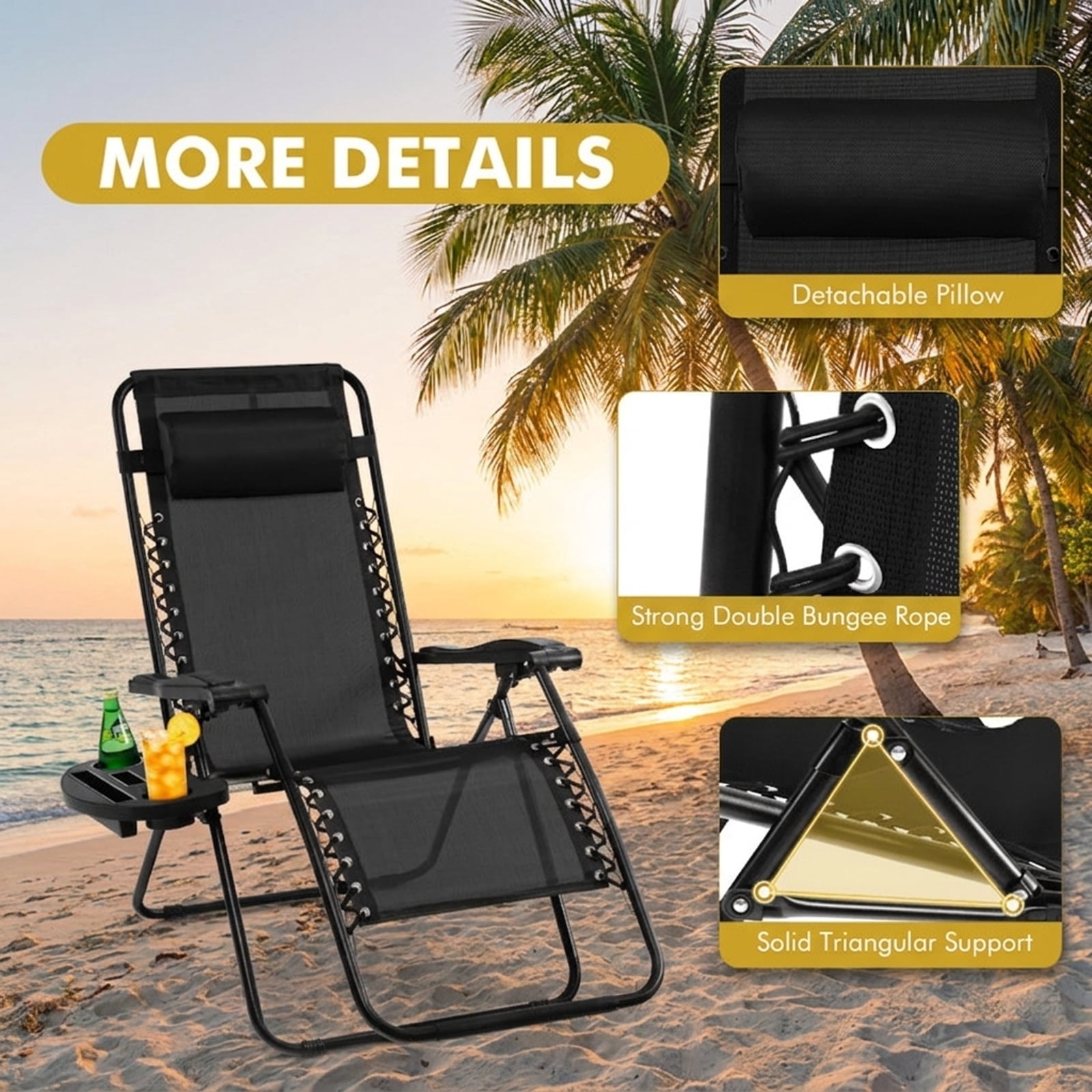 Furnibear Outdoor Folding Zero Gravity Reclining Lounge Chair with Removable Cup Holder Tray Detachable Headrest Steel and Aluminum Frame and 350 lb Capacity, Black