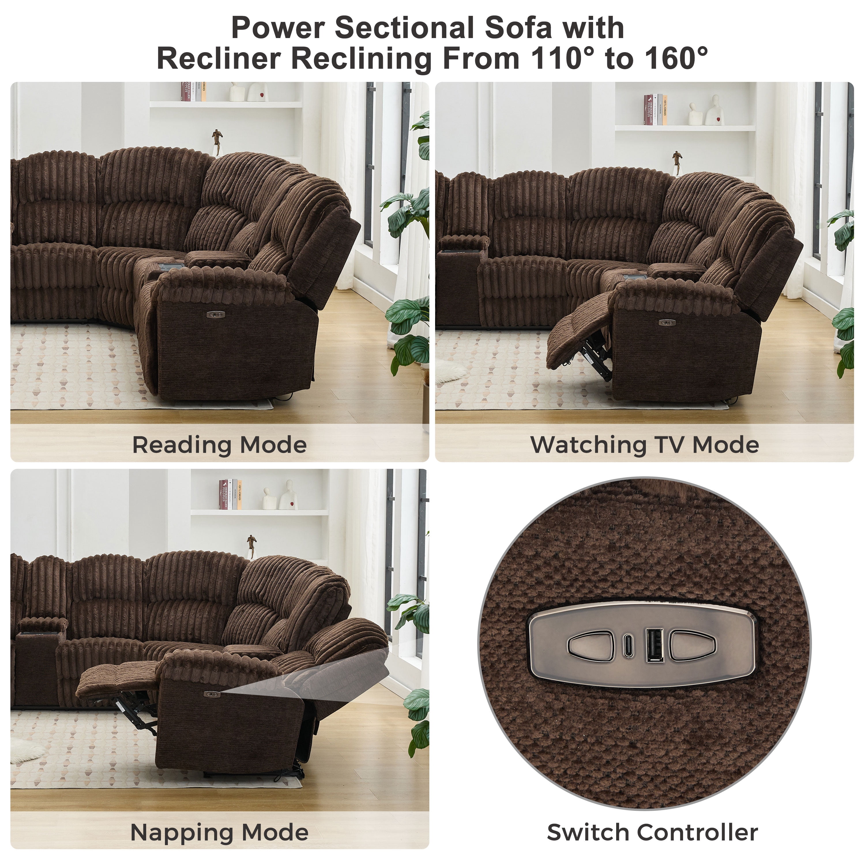 Comfort Stretch Power Recliner Sectional Faux Fur Sofa with Wireless Charging USB Type-C Ports Storage Console 2 Pillows Brown
