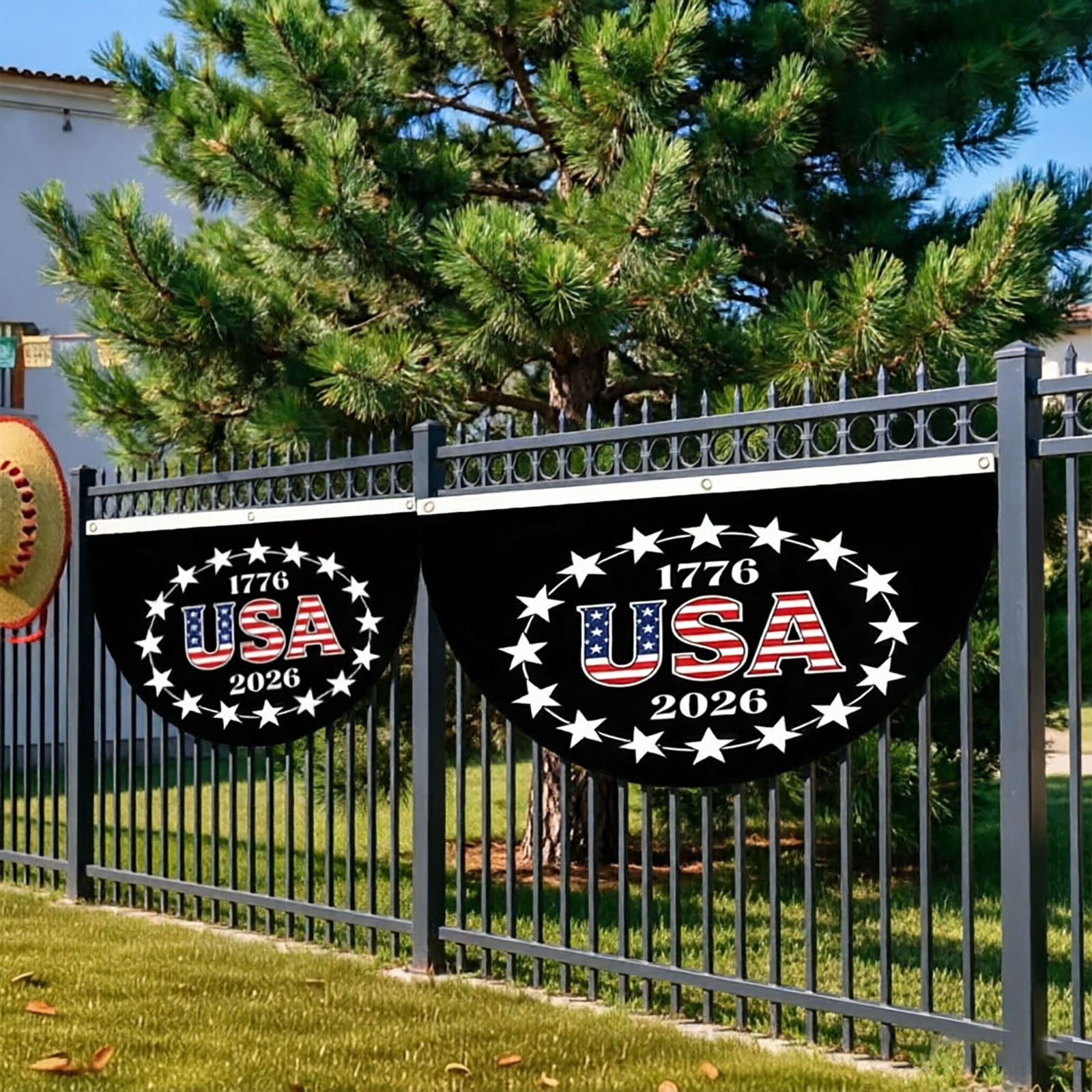 Patriotic Half-Round Bunting Banner 1776-2026 Polyester Flag with Metal Grommets 4th of July USA 250th Anniversary Decoration for Independence Day Fence and Outdoor Decor