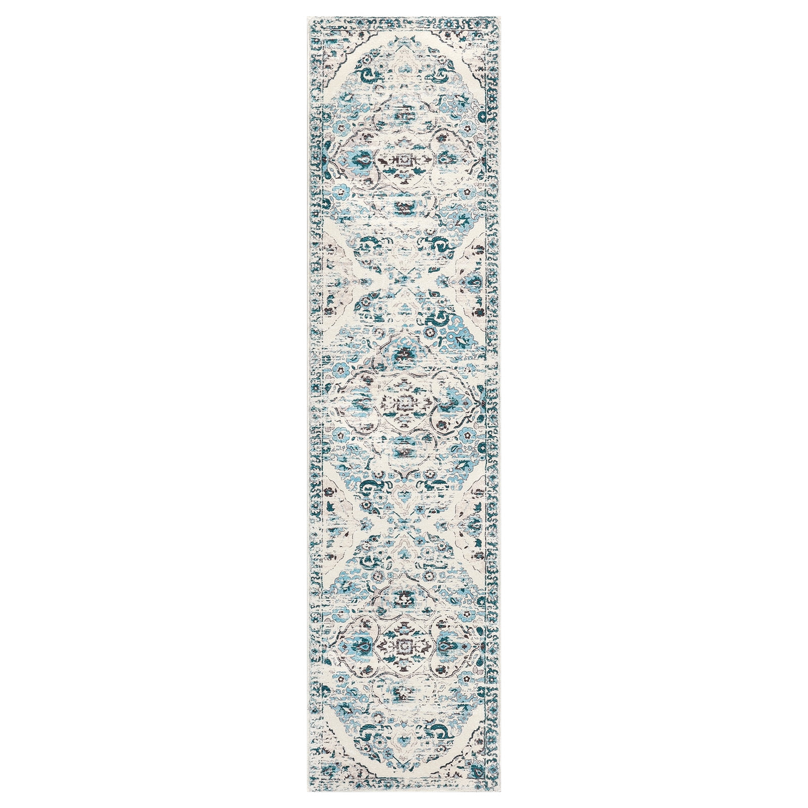 MeyJey 2'x8' Boho Runner Rug for Hallway, Non Slip Machine Washable Rug Distressed Vintage Floor Carpet for Bedroom Kitchen Laundry Room, Blue/Beige