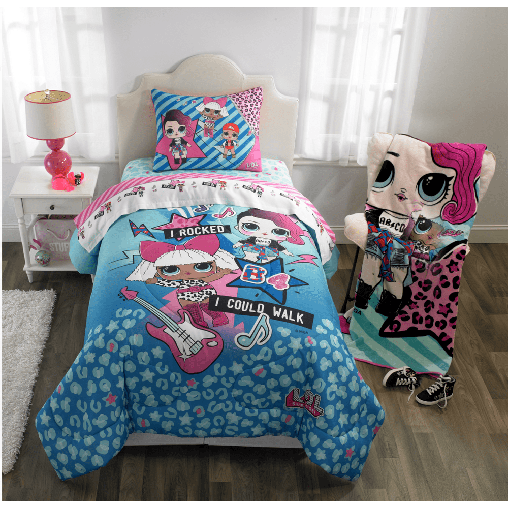 LOL Surprise Reversible Girls Twin Comforter & Sheet Set (4 Piece Bed