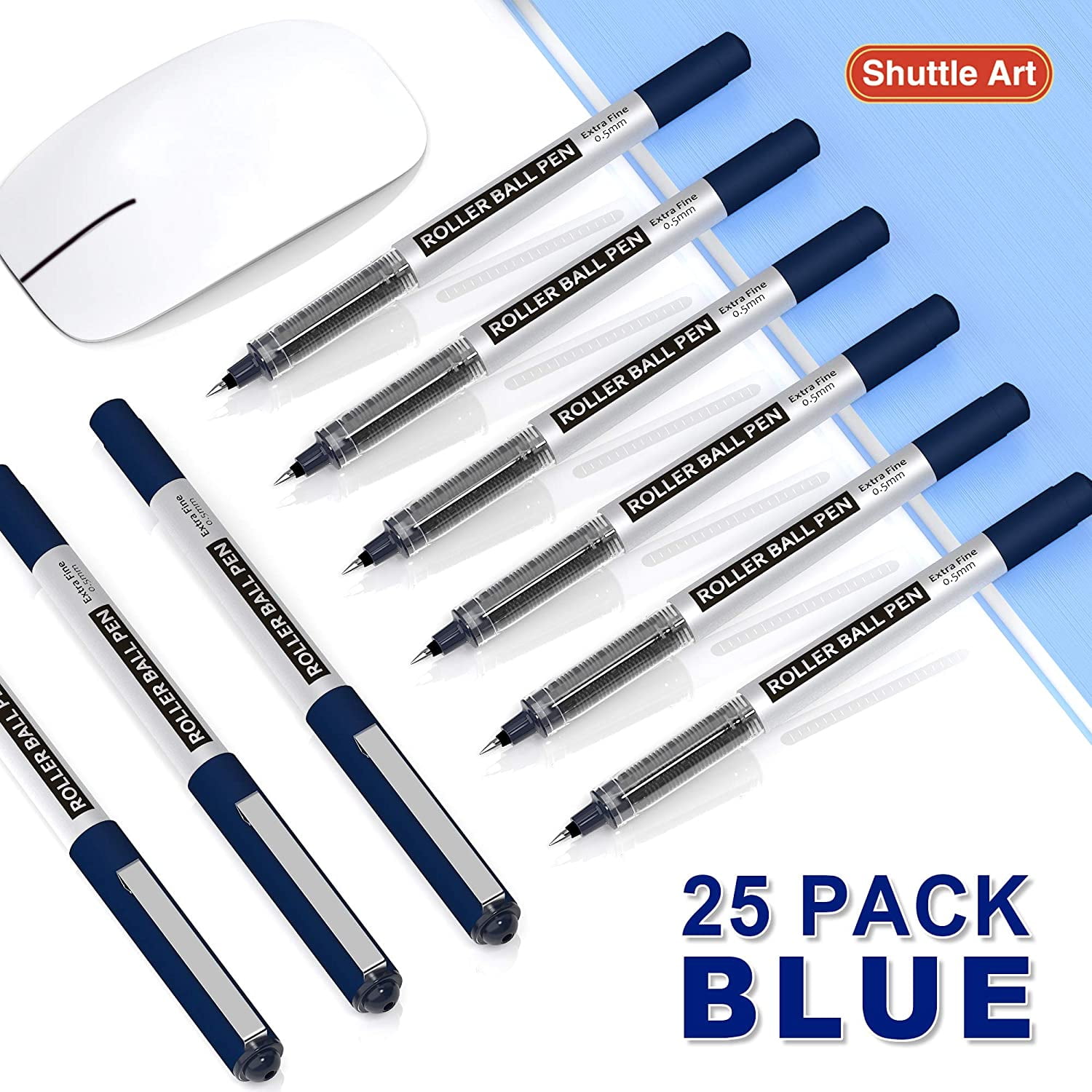 RollerBall Pens, Shuttle Art 25 Pack Blue Fine Point Roller Ball Pens, 0.5mm Liquid Ink Pens for Writing Journaling Taking Notes Office