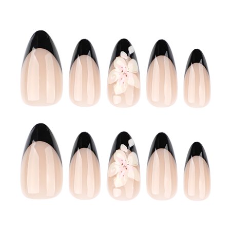 Beige Nude Black Tips French Tip Floral Accent Press on Nails, Medium Pointed Glossy False Nails, 24 Count