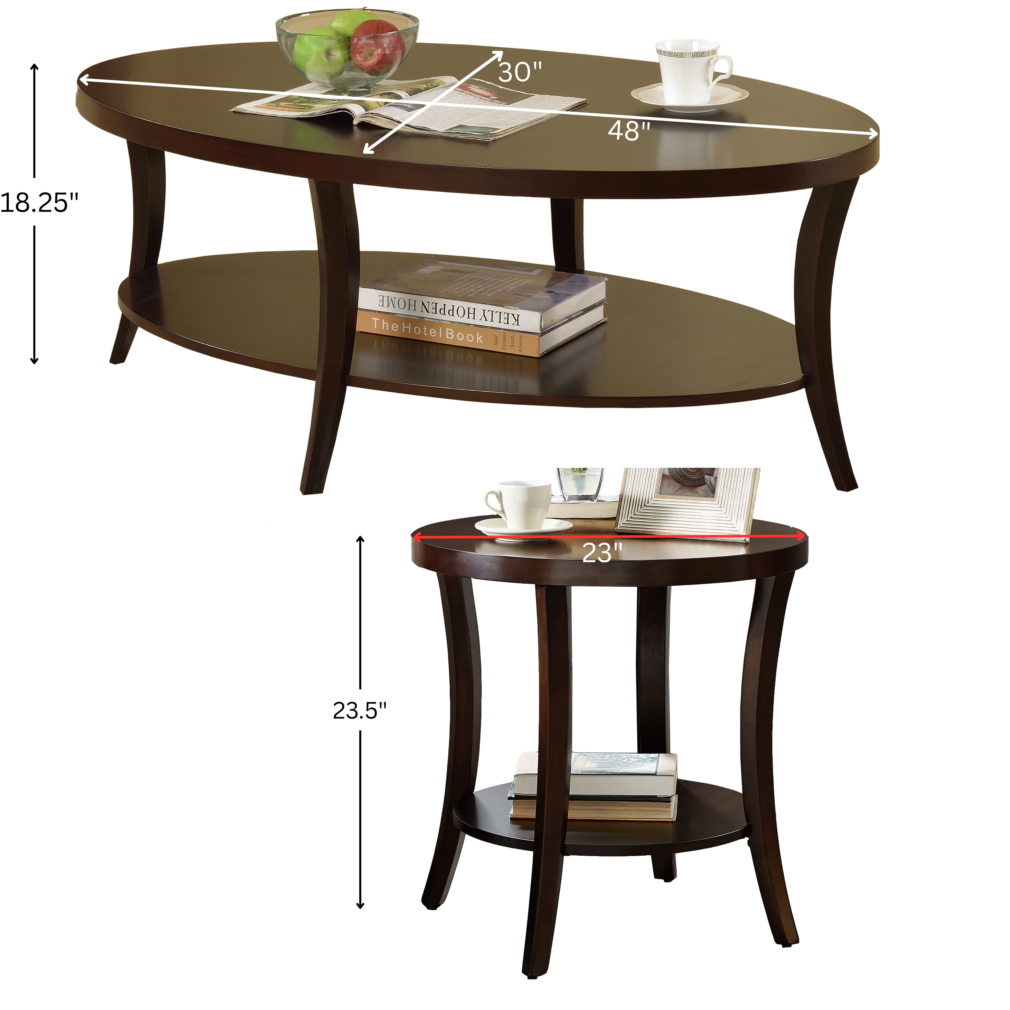 Roundhill Furniture Perth 3Pc Oval Coffee Table and End Table Set in Espresso