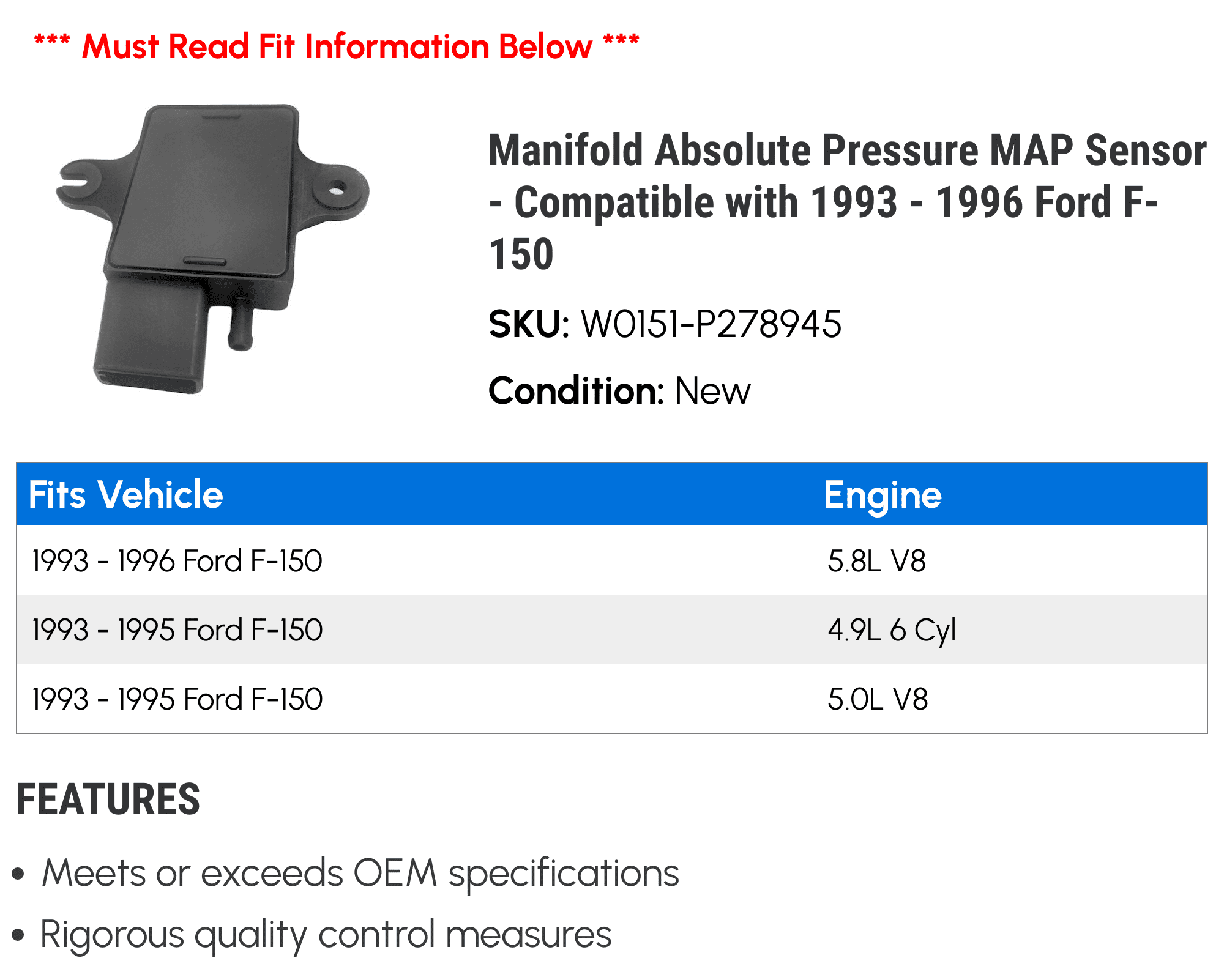 Manifold Absolute Pressure MAP Sensor - Compatible with 1993 - 1996 Ford F-150 1994 1995