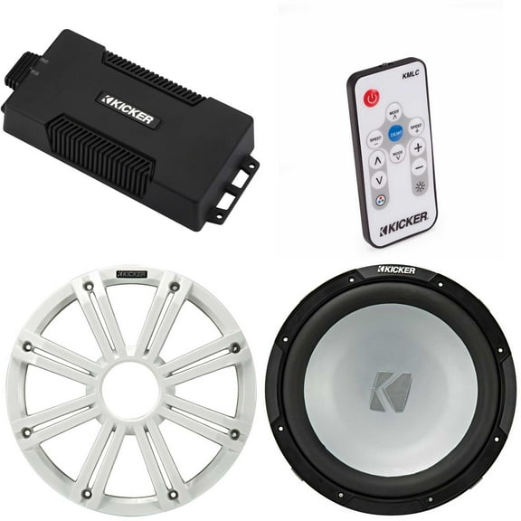 Kicker 48PXA6001 Weatherproof Powersport Mono Amp & 12" 2 Ohm Free-Air Marine Subwoofer ( White Grill ) Includes LED Remote