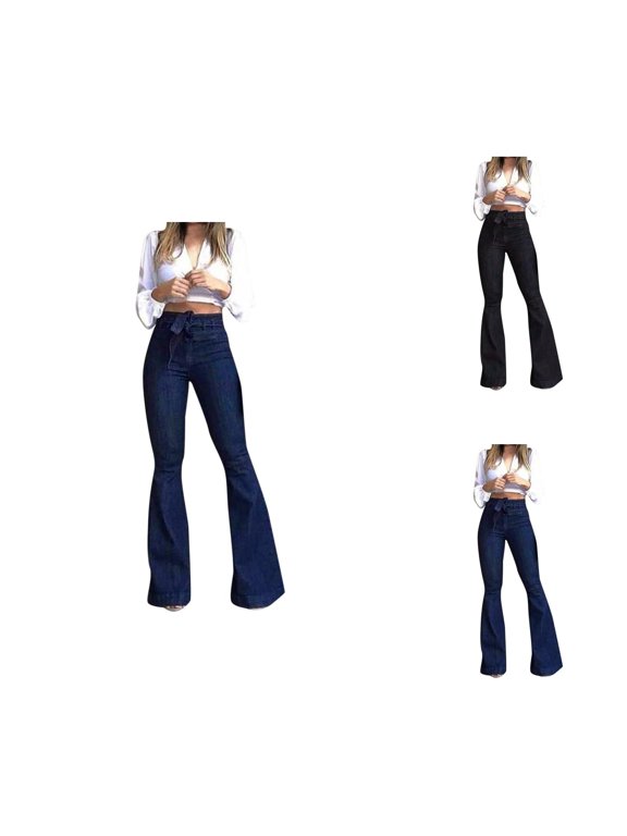 Casual Pants for Women Palazzo Pants for Women Women's Casual Pants Women Solid Flare Jeans Elastic Waist Bottom Hem Denim Pants for Comfortable Everyday Wear