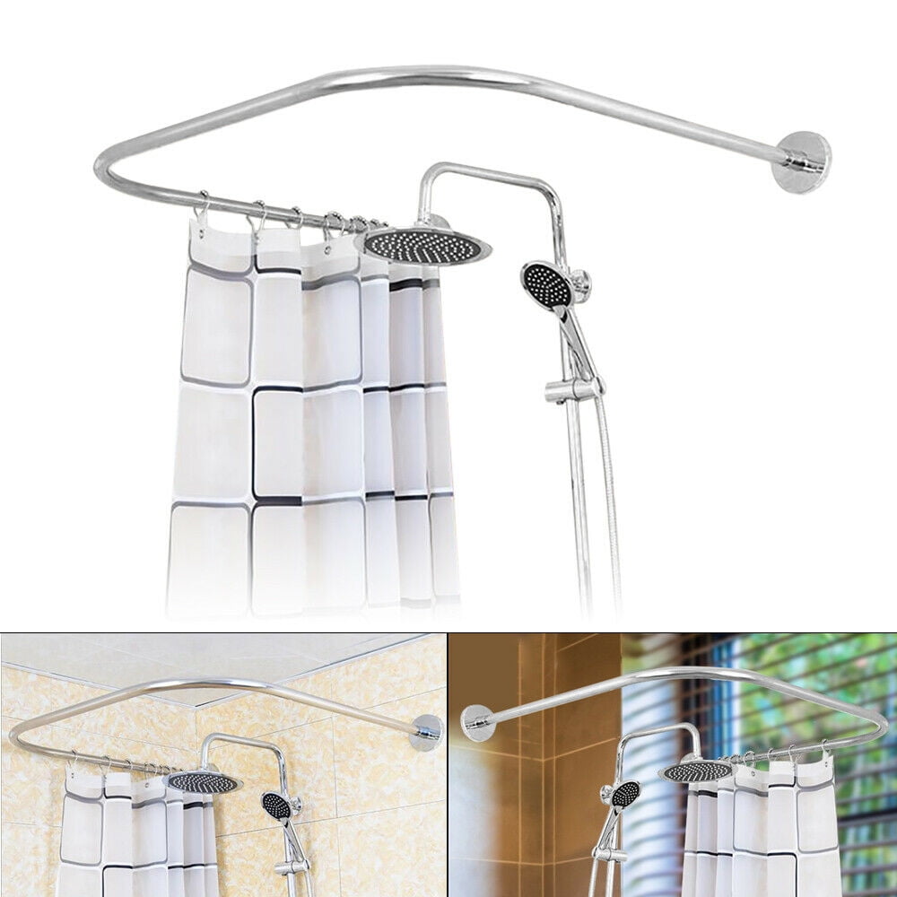 Curved Shaped Curtain Rod Extendable Arched Shower Rail Pole Corner Bath Curtain Rail No Drilling,Stainless Steel,Telescopic,Adjustable,L Shape,for Bathroom and ShowerSilver-A 