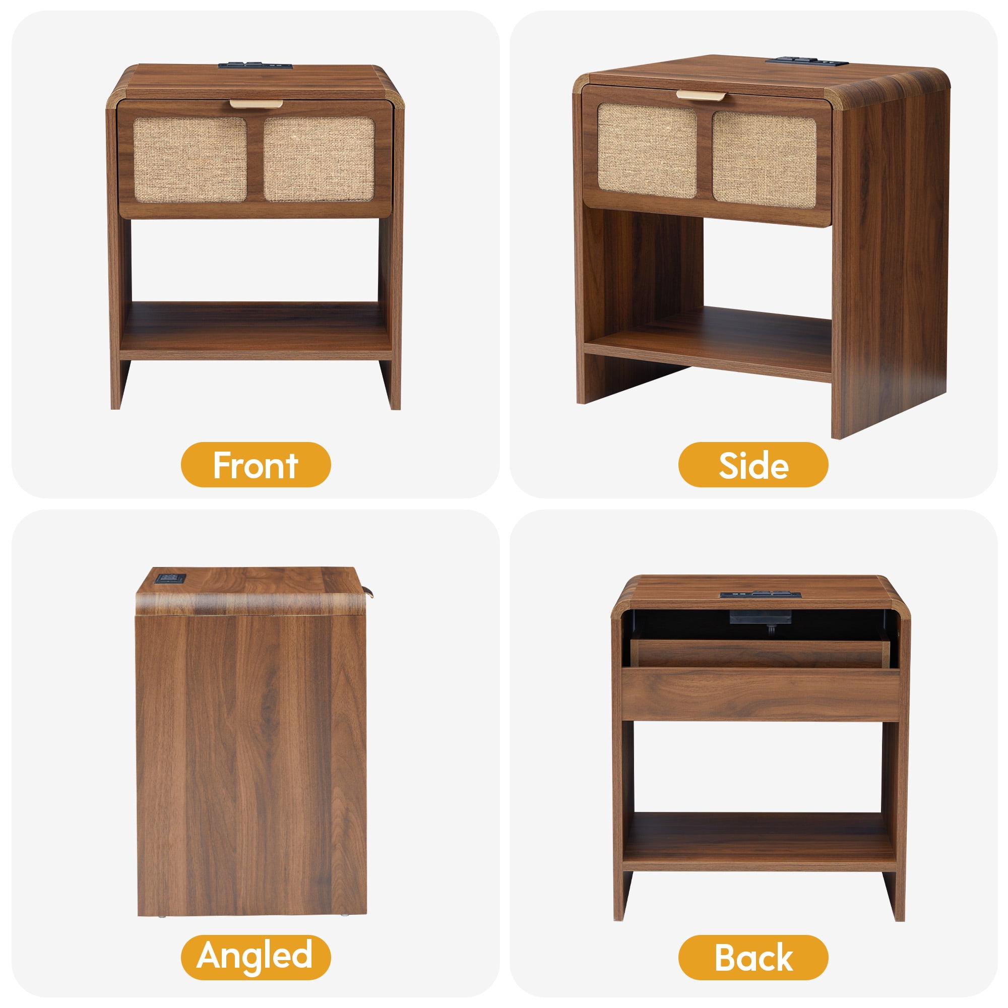YOCWO Nightstand with Charging Station for Bedroom, Linen Bedside Table with Drawers, Walnut