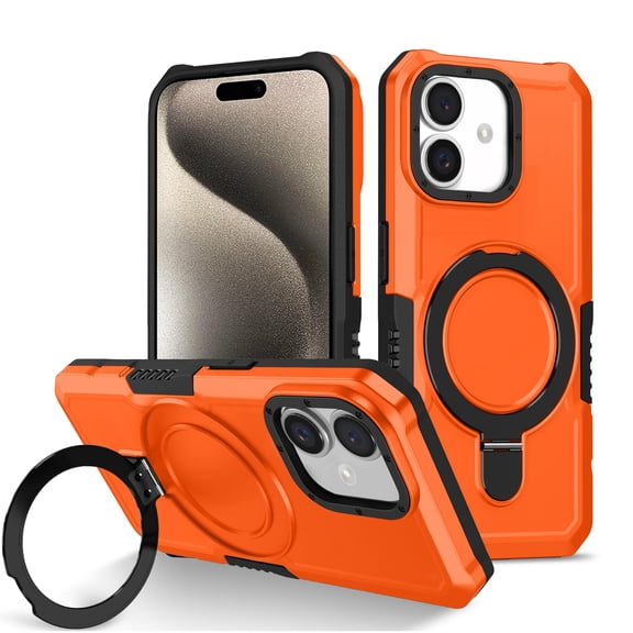 3-in-1 [Magnetic Kickstand Ring Holder] for iPhone 17 Case with Stand Ring Holder,Compatible with MagSafe, Military Shockproof Kickstand Case iPhone 17 Cover,Orange