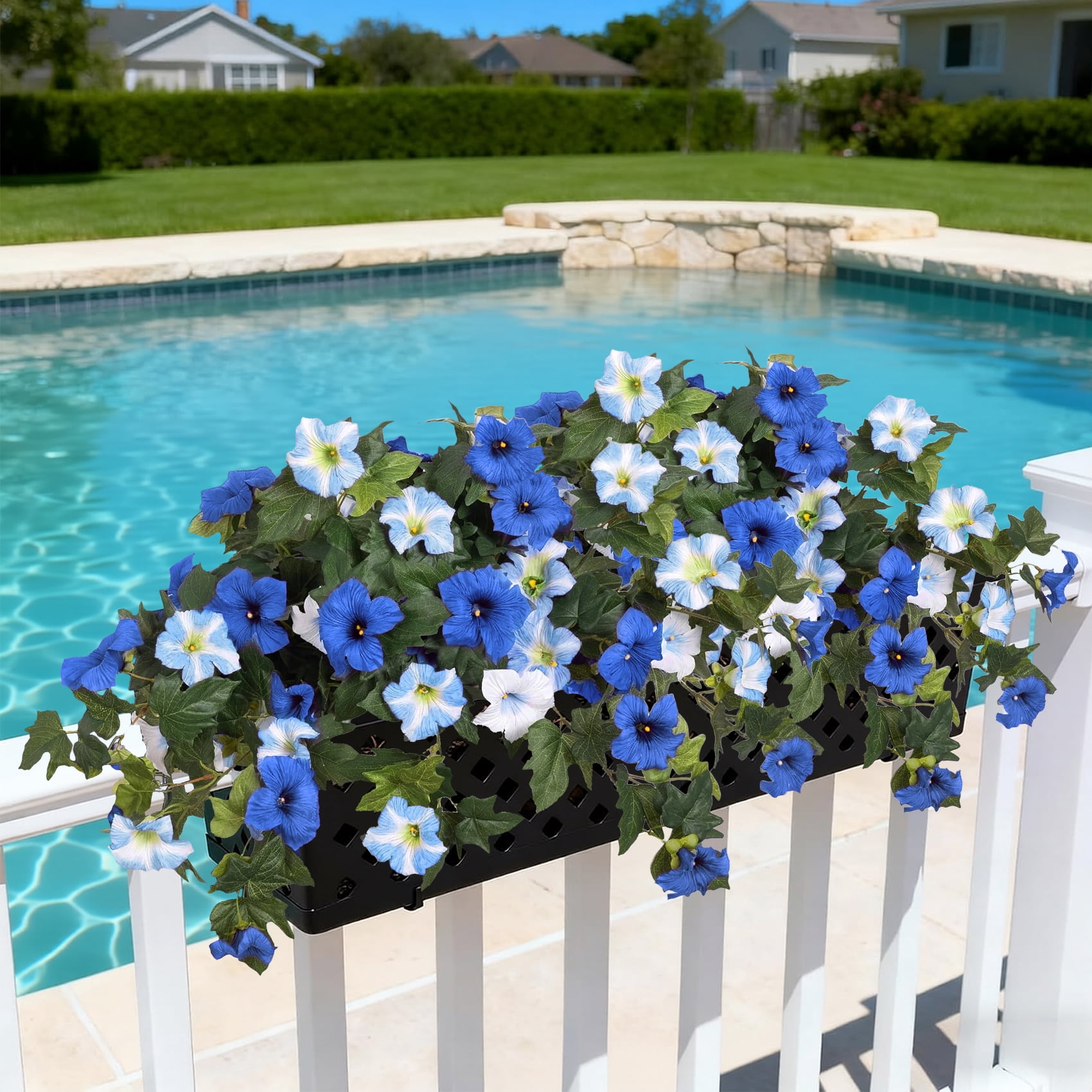 Scidweet Fake Artificial Flowers for Outdoor, 2Pcs Faux Petunias Silk Flowers Plants for Home Outside Garden Balcony Yard Front Porch Indoor Decor, Blue White