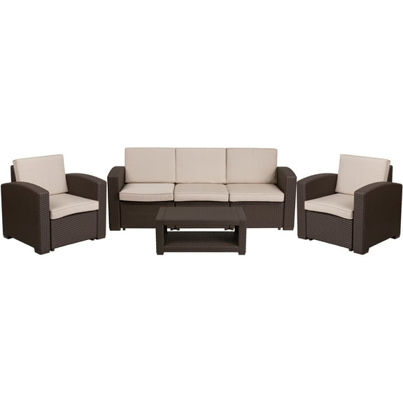 Flash Furniture Seneca 4 Piece Outdoor Faux Rattan Chair, Sofa and Table Set in Seneca Chocolate Brown
