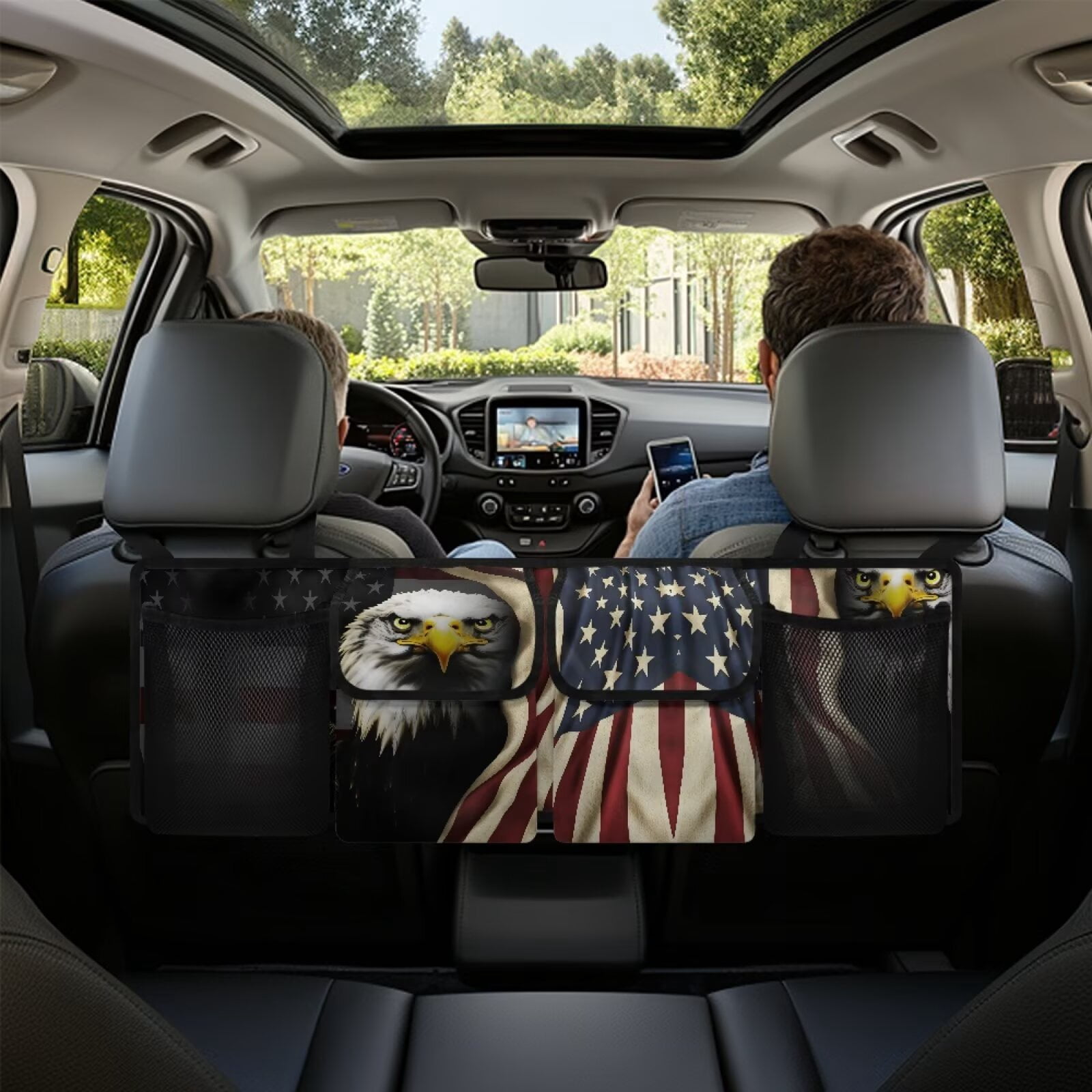 KUIFORTI Bald Eagle Car Trunk Organizer for SUV Trunk Organizers and Storage Keep the Car Clean and Tidy, USA Flag Car Accessories Space-Saving Backseat Car Organizer with Adjustable Straps