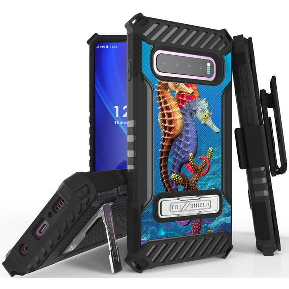 Tri-Shield [ADORABLE ANIMAL SERIES] Rugged Case Metal Kickstand Cover   Belt Clip Holster [SEAHORSES DESIGN] for Samsung Galaxy S10 Phone (SM-G973)