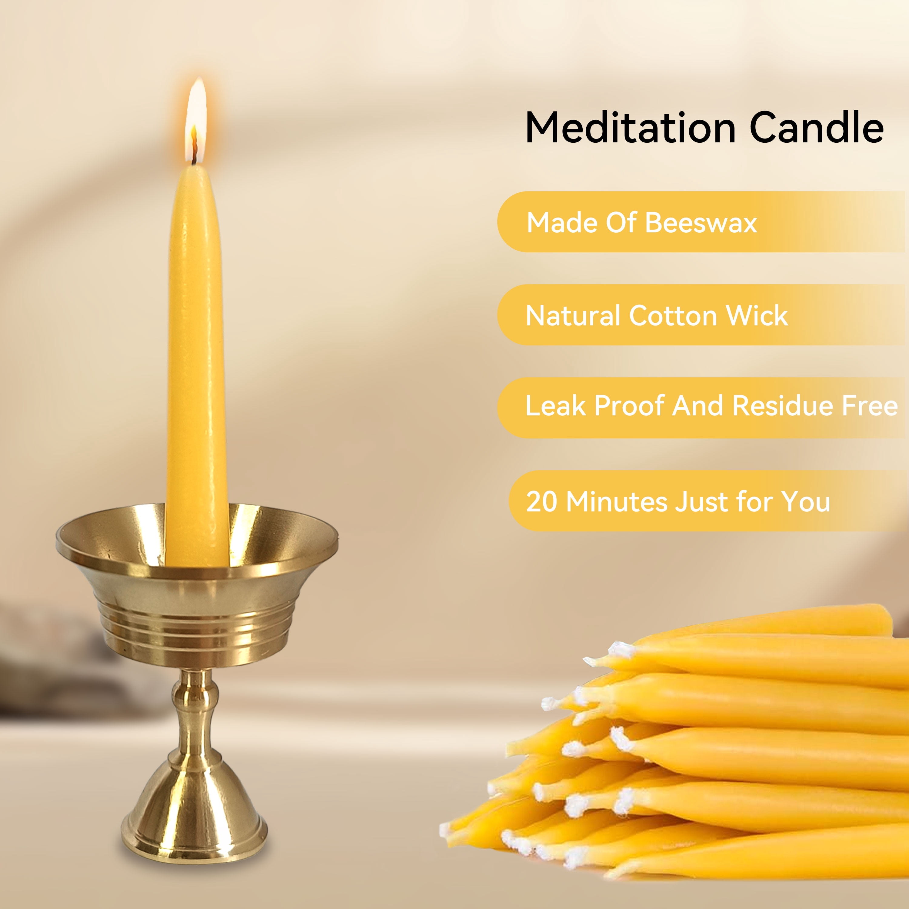 FCMSHAMD 2.5inch Mindful Meditation Candles Beeswax Mini Taper Candle, Set of 30Pcs with Brass Candle Holders and Candle Wax Sticky Dots Candles Gift for Yoga Relaxation Mediation Prayer