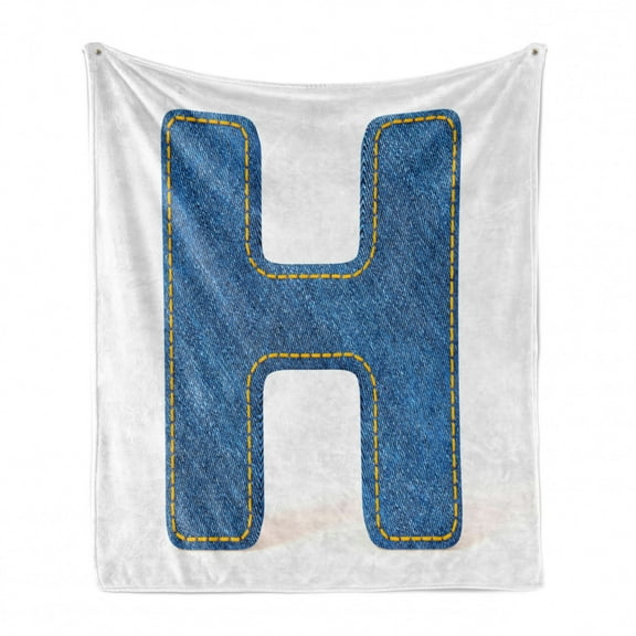 Letter H Soft Flannel Fleece Throw Blanket, Denim Letter Design Uppercase H Pattern Jeans Texture Retro Typography, Cozy Plush for Indoor and Outdoor Use, 50" x 60", Blue Marigold, by Ambesonne