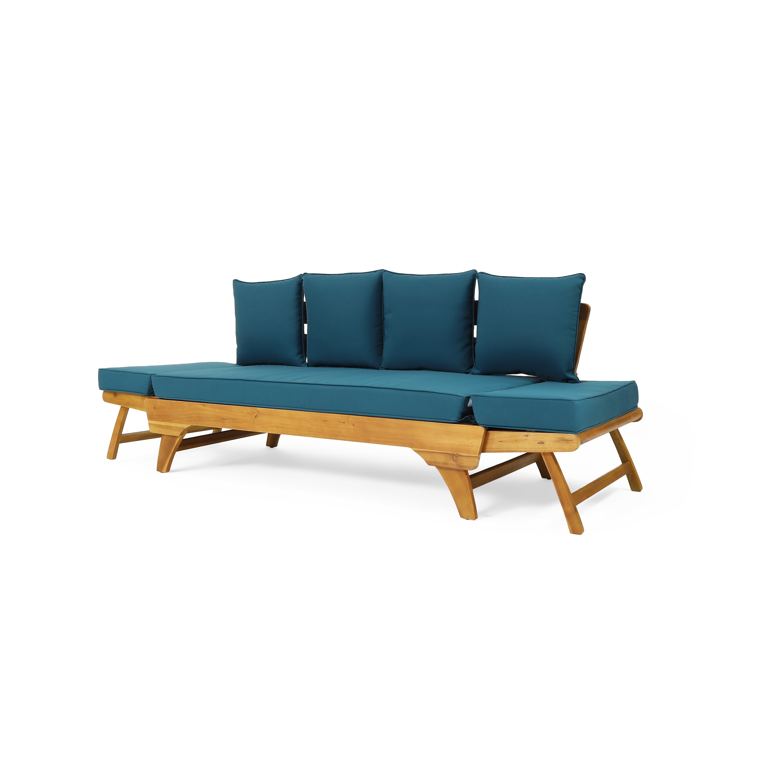 Outdoor Convertible Sofa Rest Bed with Cushions, Expandable Acacia Wood Leisure Furniture for Patio Garden, Teak and Beige
