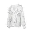 thumbnail image 4 of Women V-neck Boho Ruffle Chiffon Shirt Casual Long Sleeve Solid/Floral/Butterfly Button Blouse Fashion Loose Streetwear Tops, 4 of 8
