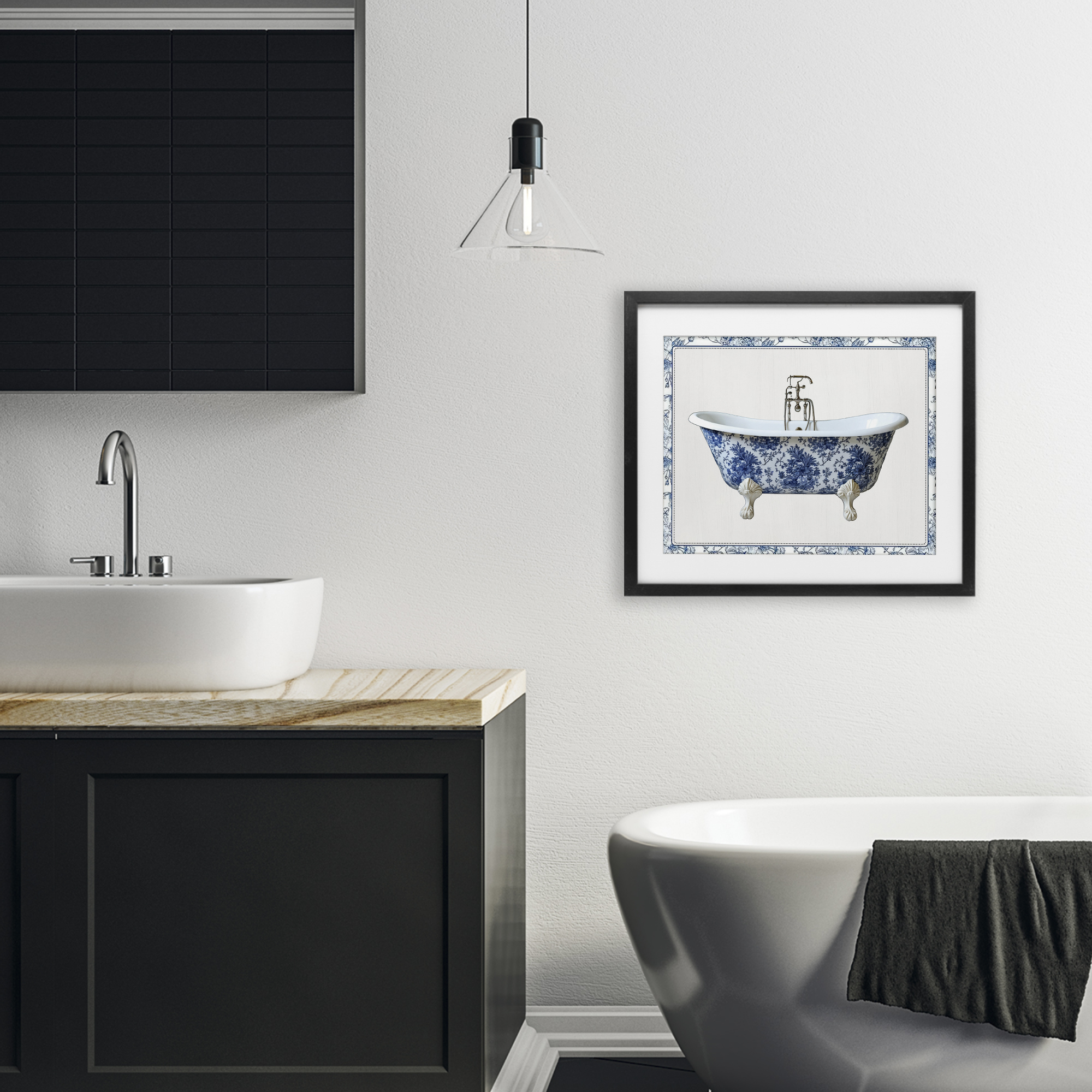 Vintage Chinoiserie Bathtub Black Framed Print Under Glass, design by Lettered and Lined