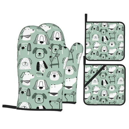 

Oven Mitts and Pot Holders 4 pcs Set Puppy print A Heat Resistant Pot Holders Oven Mitts for kitchen Non-Slip Hanging Loop Oven Glove Potholders for Baking Cooking