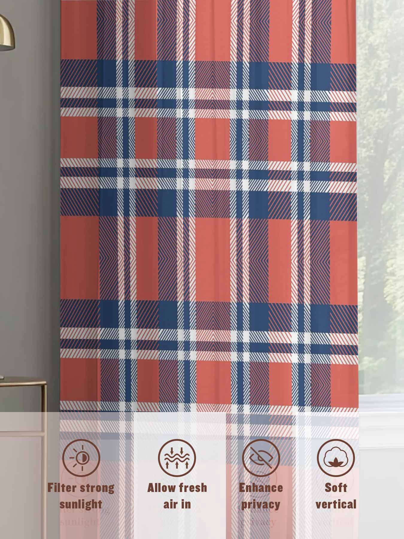 Orange And Sheer Curtains for Living Room Bedroom, Blue British Style Plaid Light Filtering Sheer Curtains, Rod Pocket Voile Window Drapes, 2 Panels Set 52"x 54"