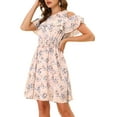 thumbnail image 4 of INSPIRE CHIC Women's Floral Printed Smocked Waist Ruffle Cold Shoulder Dress M Pink, 4 of 5