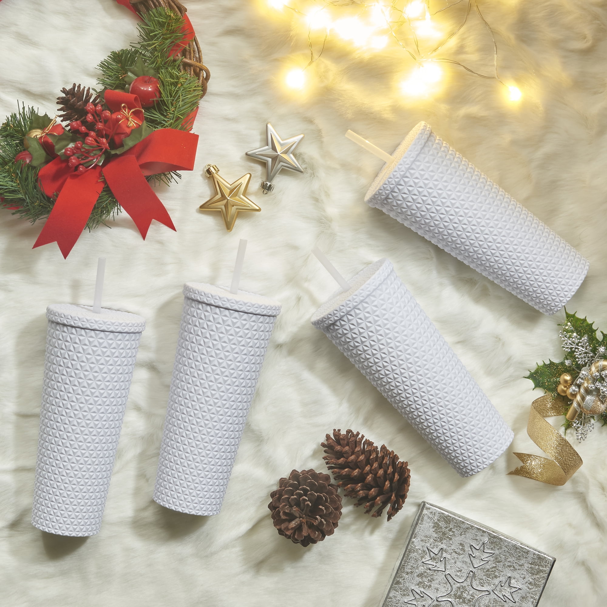 Mainstays 4pk 26oz DW AS Plastic Soft Touch Textured Tumbler with Straw, White