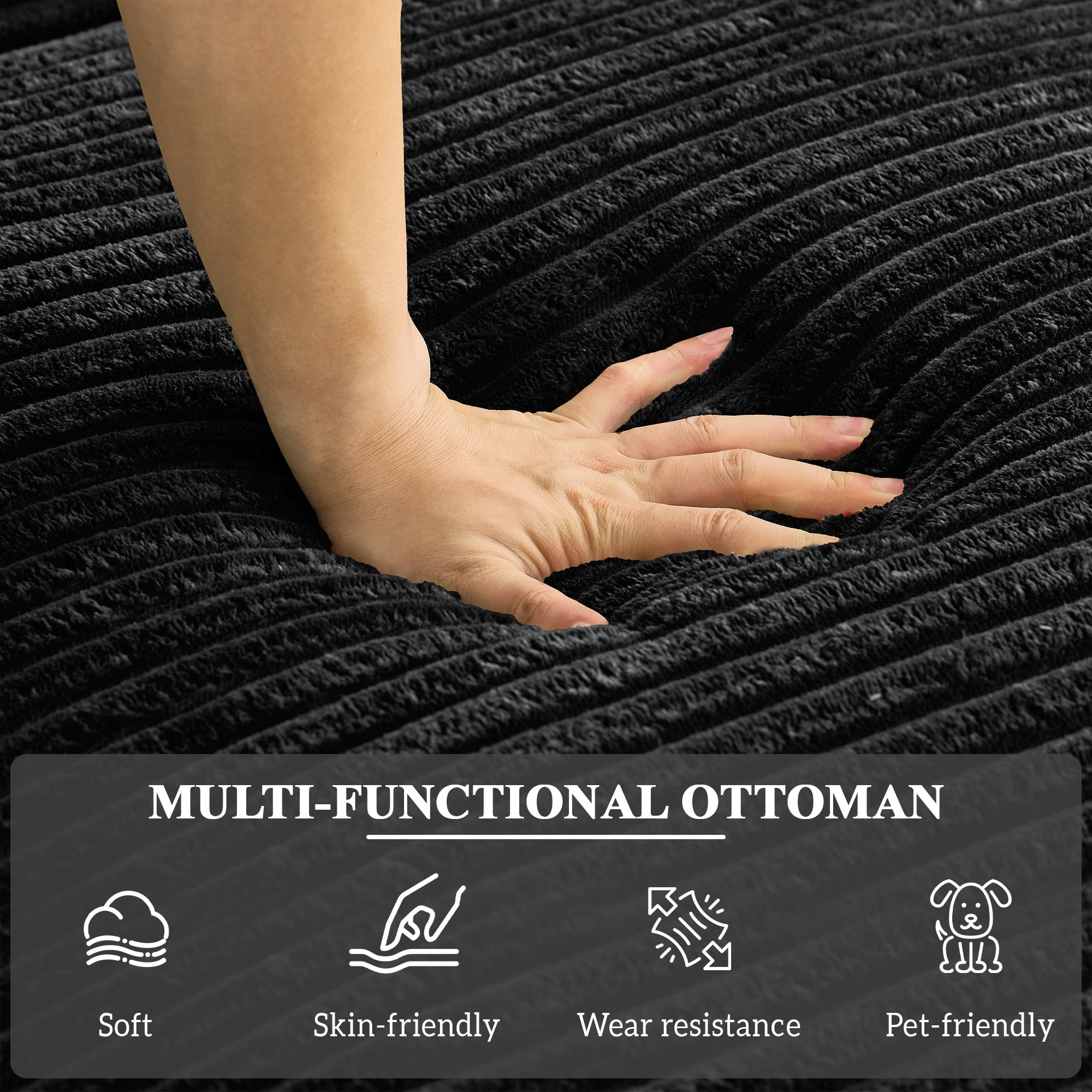 Aukfa 63.5" Oversized Chaise Lounge Sofa with Movable 2-Layer Ottoman, Deep Seat Boneless Couch, Corduroy Lounge Chair, Black