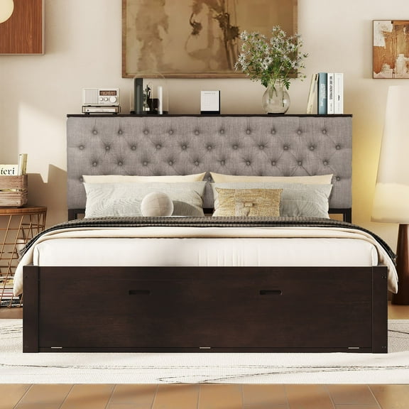 Vinsetto Wood Queen Size Platform Bed with Storage Headboard