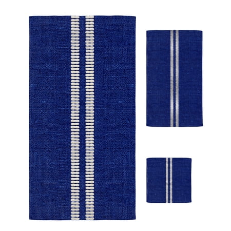 Bath Towels Set of 3 Navy Blue Woven Linen Bath Towel Hand Towel Washcloth Soft Absorbent Quick Dry Stripes Grain Textile Texture Towel Sets for Bathroom Kitchen Beach Pool Gym Hotel Spa