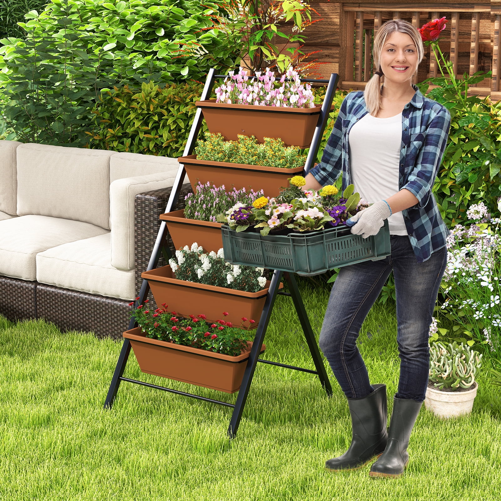 Patiojoy 5-Layer Vertical Raised Garden Bed with Wheels Drainage Holes Freestanding Planter with Container Boxes Brown
