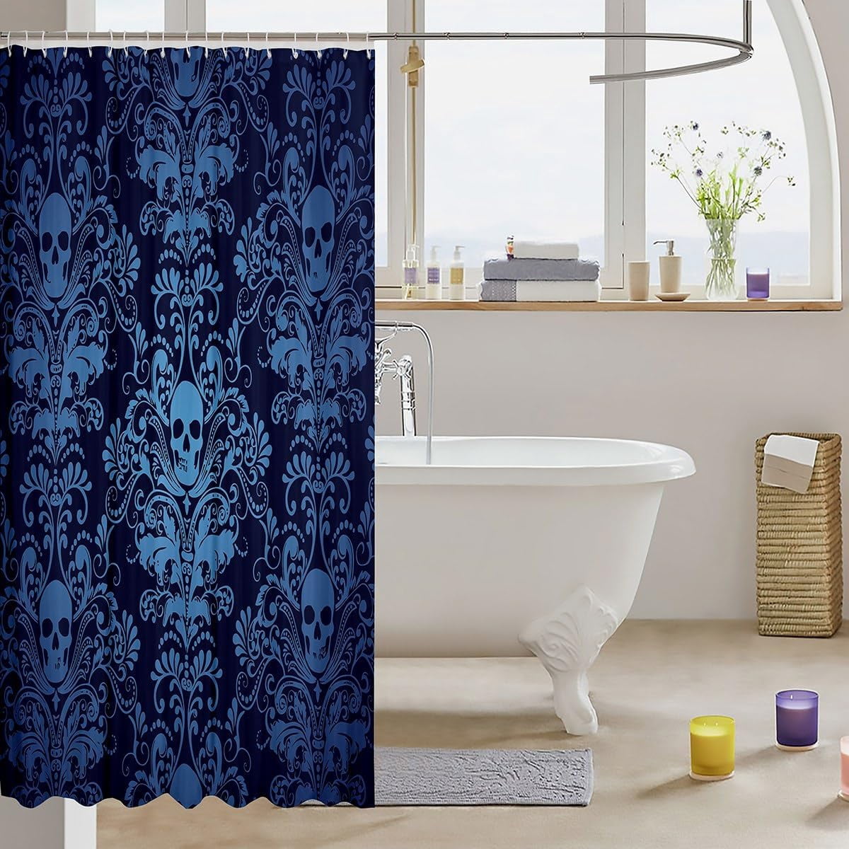 Adults Teal Damask Bath Curtain Antique Victorian Baroque Fabric Shower Curtain 72" Wx84 L,Vintage Floral Exotic Sugar Skull Bathroom Decor,Gothic Bone Skeleton Bohemian Decor,Blue