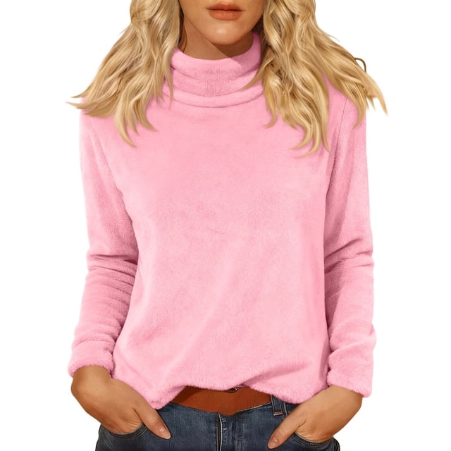 Comdrip Hauts pour Femmes Manches Longues Chemises pour Femmes Coupe Ample Col Roulé Haut Décontracté Automne Hauts Légers Chauds Chandails Hauts Col Roulé pour Femmes Rose m