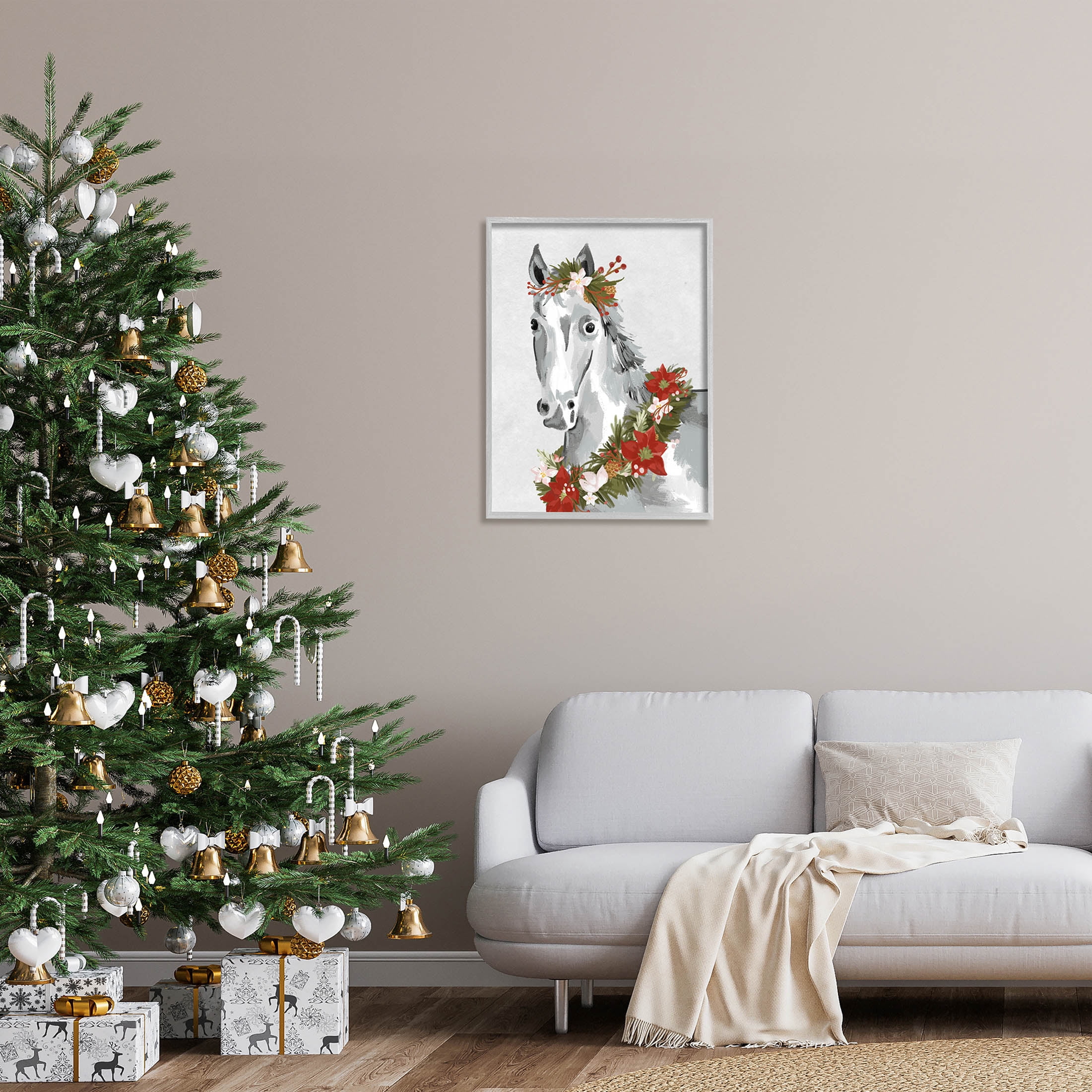 Stupell Industries Festive Holiday Horse Holly Wreath Graphic Art Gray Framed Art Print Wall Art, Design by Laura Konyndyk