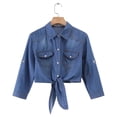 thumbnail image 2 of thefmos Women Plus Size Summer Fall Collared Long Sleeve Knot Front Denim Casual Crop Top Blazer Jacket Trendy Streetwear Office Outwear Loose Fit Fashion Tops, Blue L, 2 of 6
