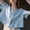 Blue, variant on Short Sleeve Shirts for Women Short Sleeve V Neck Cropped Blouse Cotton and Linen Loose Roll Up Collared Shirt Casual Summer Tops with Pockets Summer Tops for Women Beige,L