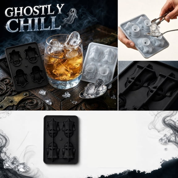 Spooky Halloween Ice Mold,3D Ghost Silicone Ice Cube Tray,Reusable Freezer Ice Trays with 4 Cavities,Fun Unique Ghost Ice Making Molds for Party Use