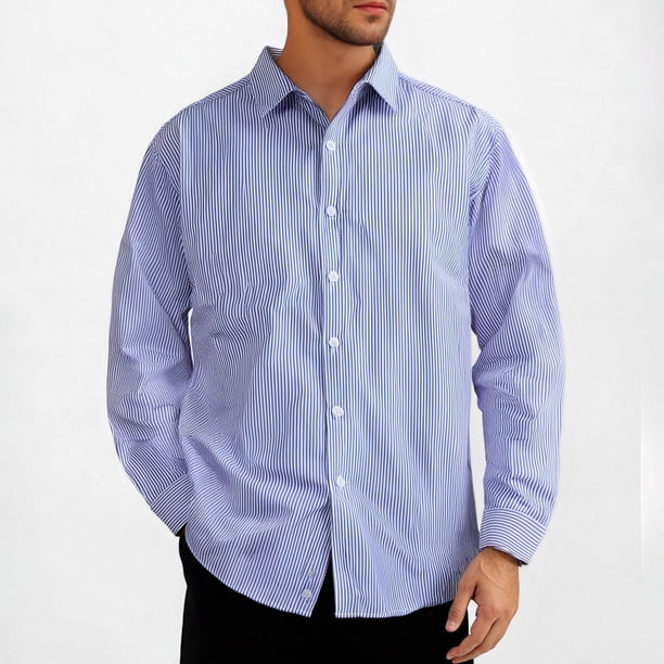 Blusa y camisa de manga larga con cuello vuelto para hombre, blusa informal de moda a rayas con botones de solapa, blusa de manga larga, blusa de poliéster para hombre