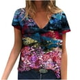 thumbnail image 2 of Hauts d'Été Grande Taille Femmes Décontracté Femmes Été Blouse Imprimée T-Shirts Décontractés Col en V Manches Courtes T-Shirts Hauts Col en V T-Shirt Femmes en Liquidation, 2 of 5