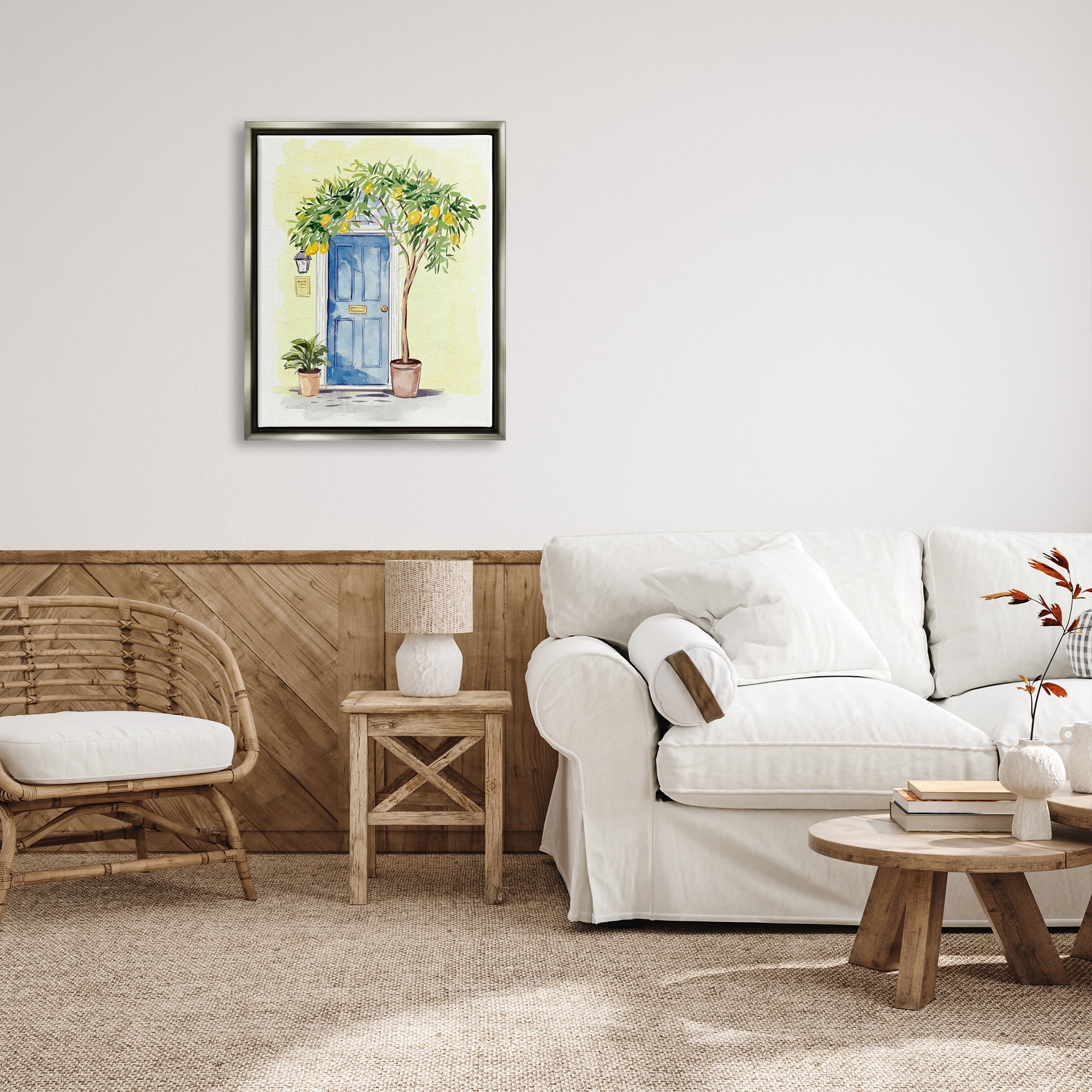 Stupell Industries Lemon Tree in Doorway Food & Beverage Painting Gray Floater Framed Canvas Art Print Wall Art, 25 x 31