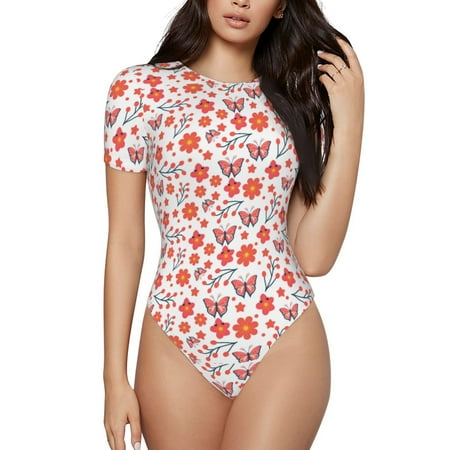 Balery Floral butterfly Women s Short Sleevee Crew Neck Bodysuit Tops Short Sleeve Tops Basic-Medium
