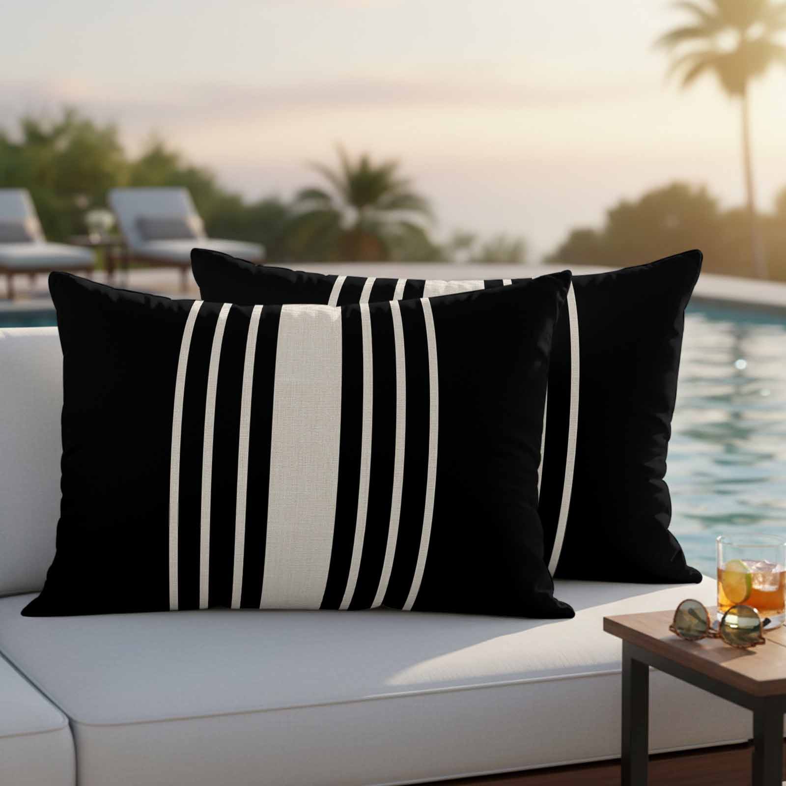 Black Beige Striped Outdoor Waterproof Pillow Covers, Modern Farmhouse Retro Lines Decorative Rectangle Throw Pillowcase Sofa Cushion Sham for Patio/Couch/Chair, 20"x12" 2 Pack