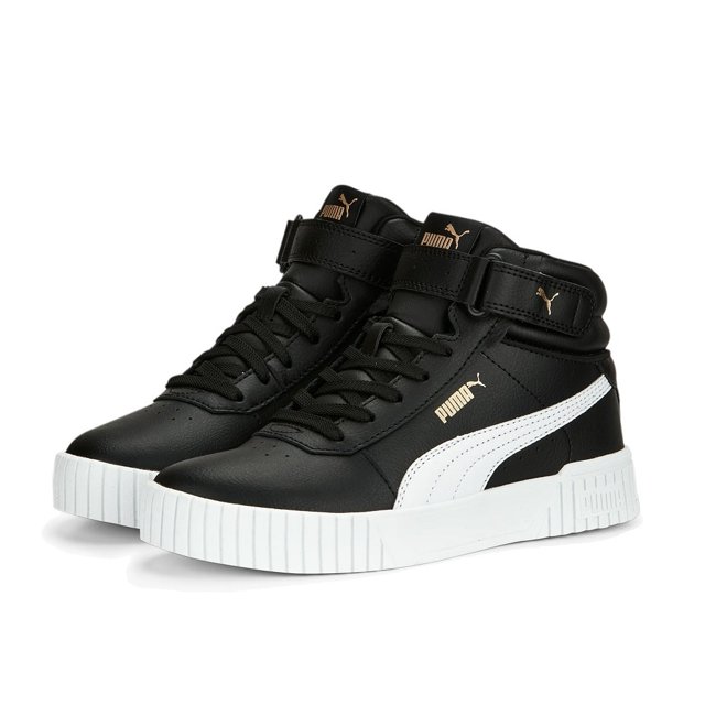 tenis puma carina 2.0 mid original 385851 05 Par de tenis Puma Carina 2.0 Mid para mujer, estilo media caña en color negro con exterior sintético, franja lateral blanca, cordones negros y lengüeta con tira de velcro; suela blanca texturizada en vista 3/4 frontal, adecuados para looks urbanos y uso diario.
