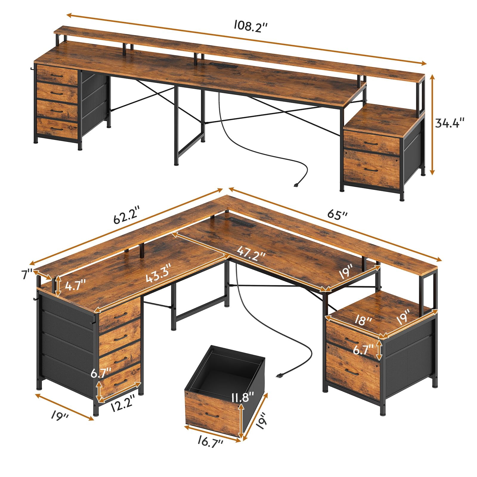 Corner Computer Desk with Led Lights and Monitor Shelf, Two Person Desk, L Shaped Desk with 6 Drawer, 108" Home Office Desk with File Drawer & Power Outlet, Rustic Brown