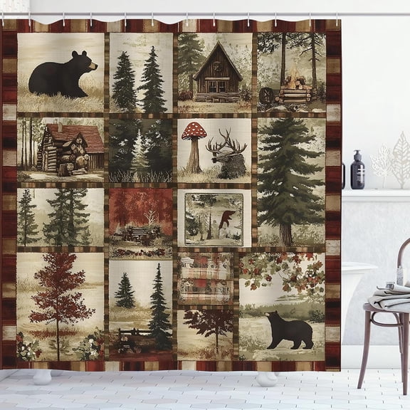 Rustic Cabin Shower Curtain Farmhouse Country Bear Forest Bathroom Curtains Hunting Camping Waterproof Fabric Washable Bath Curtain with Hooks-72"W x 74"L (Pack of 1)