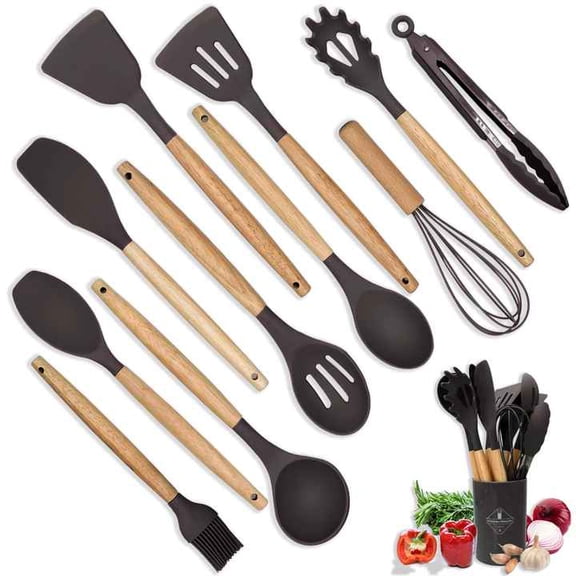 12-Piece Silicone Kitchen Utensil Set with Wooden Handles